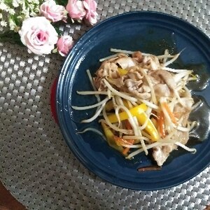 もやし・ピーマン・豚肉の大蒜醤油炒め